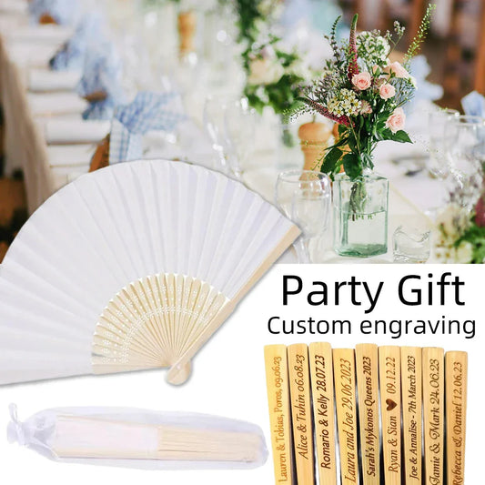 10–90pcs Personalized Engraved White Folding Silk Hand Fans – Elegant Wedding Party Supplies with Organza Gift Bags