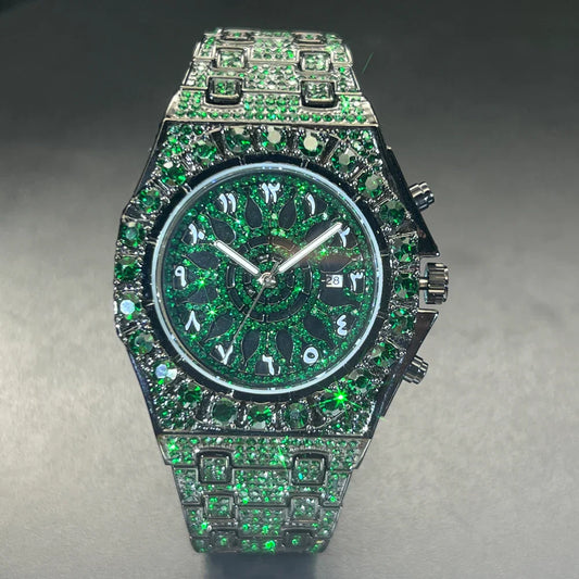 2024 Hip Hop Green Diamond Watch – Men's Fashion Square Quartz Wristwatch with Iced-Out Design