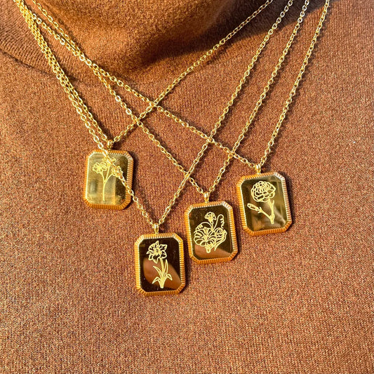 Birth Month Flower Necklace – Gold Plated Stainless Steel Pendant for Women