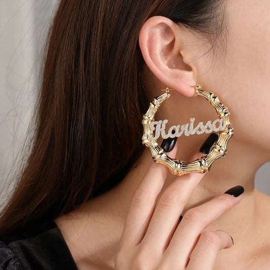 Qitian Personalized Bling Bamboo Hoop Name Earrings – Custom Hip-Hop Style Jewelry for Her