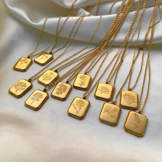Birth Month Flower Necklace – Gold Plated Stainless Steel Pendant for Women