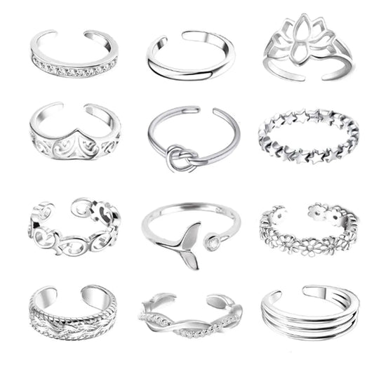 12Pcs Adjustable Foot Ring Set – Rose Gold/Silver/Gold Open Toe Rings for Women