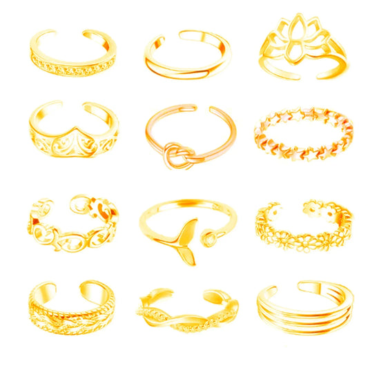 12Pcs Adjustable Foot Ring Set – Rose Gold/Silver/Gold Open Toe Rings for Women