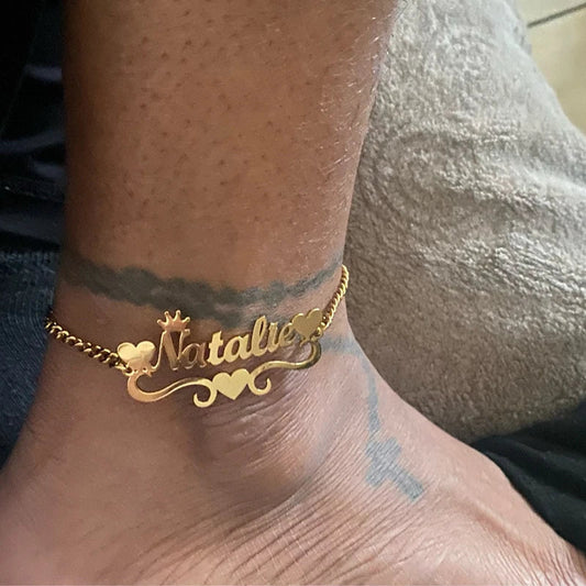 Custom Crown Heart Name Anklet – Gold Stainless Steel Personalized Jewelry for Women